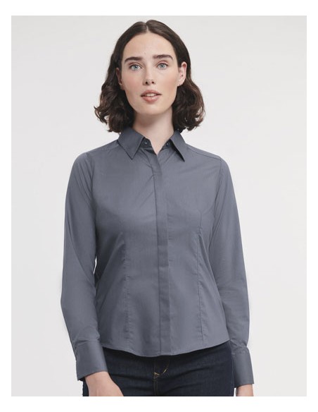 RUS-0R924F0-Ladies' Long Sleeve Fitted Polycotton Poplin Shirt 2
